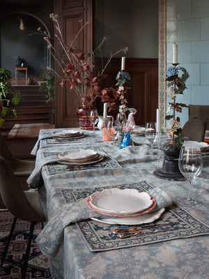 Linen Tablecloth with Indian Rose print in Dusty Blue