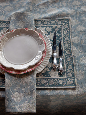 Linen napkins with Indian Rose in Dusty Blue