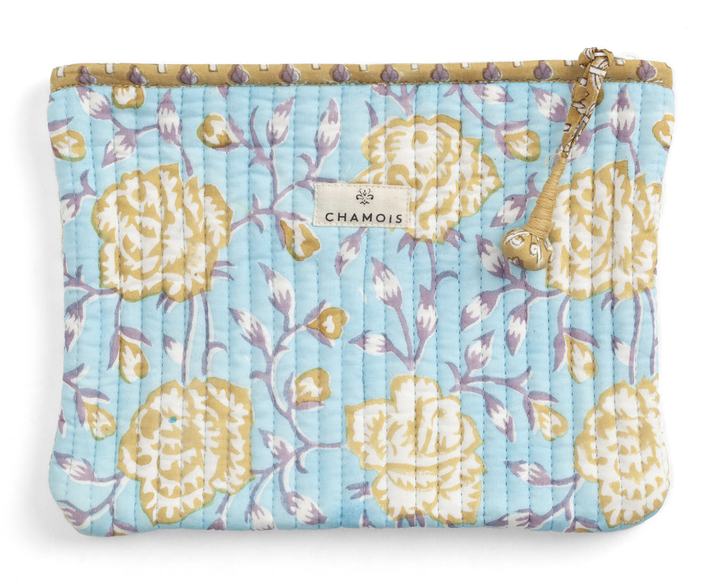 Pouch with Rose print in Turquoise and Yellow - Medium
