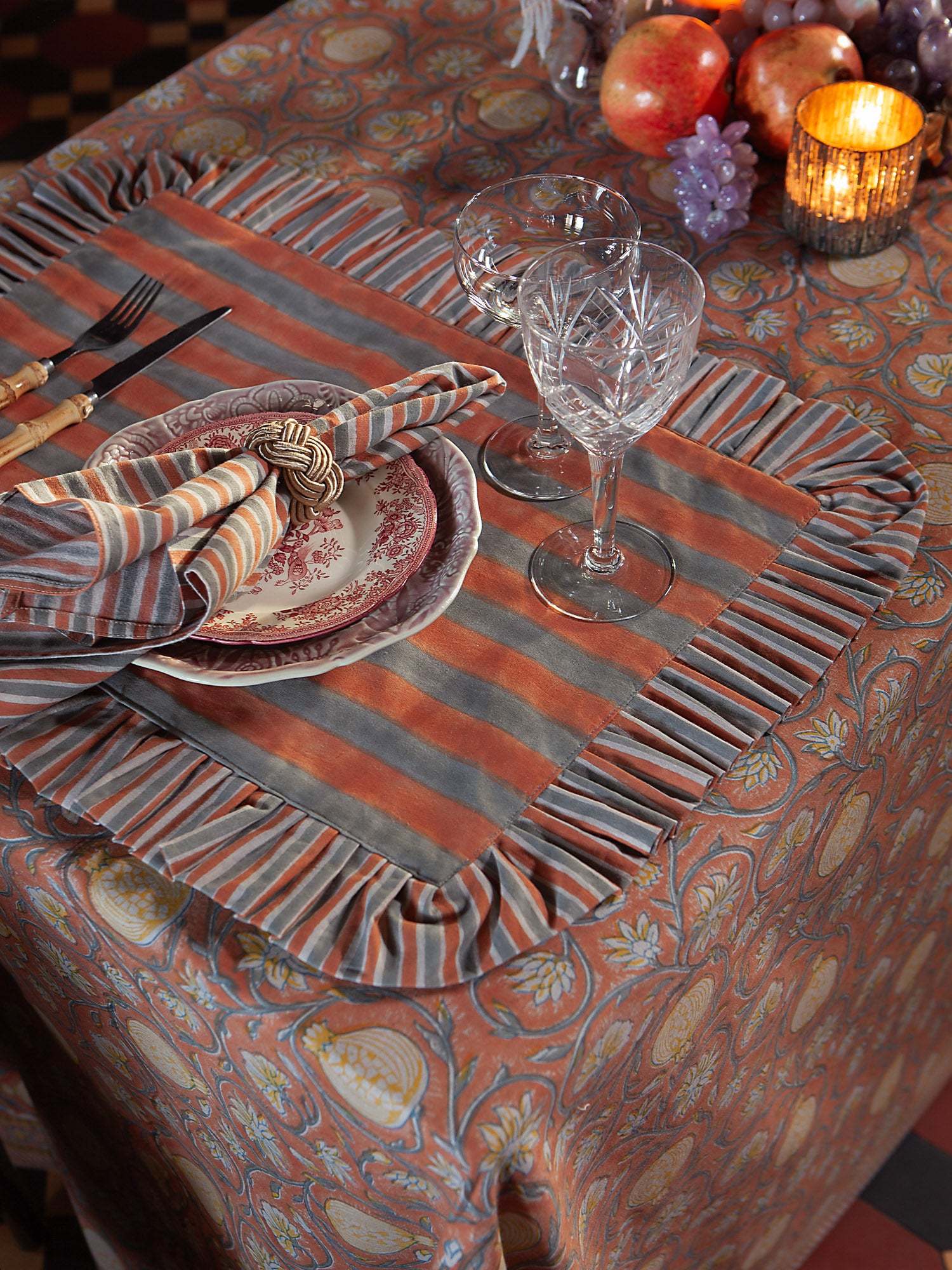 Tangier Pomegranate tablecloth in Rusty Red & Grey