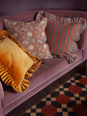 Cushion with Tangier Pomegranate print in Rusty Red & Grey