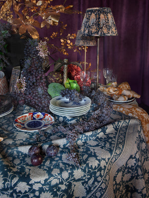 Linen Tablecloth with Indian Rose print in Denim Blue