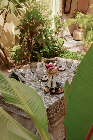 Linen Tablecloth with Parrot in Blue