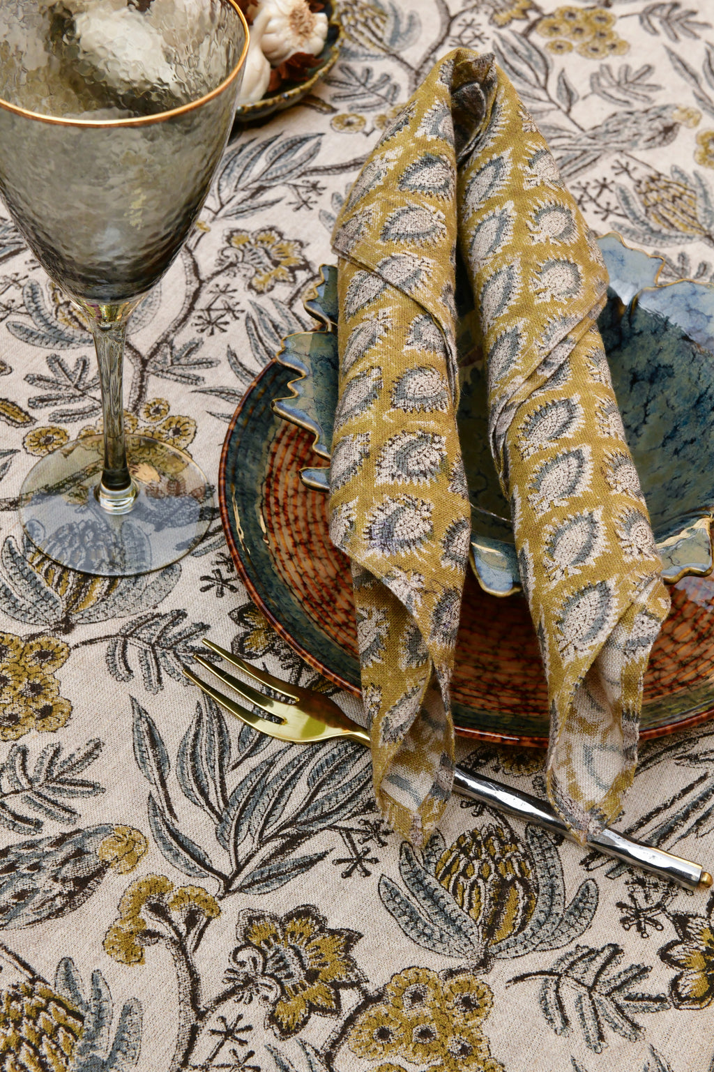 Linen Napkins with Cypress Parrot in Ochre