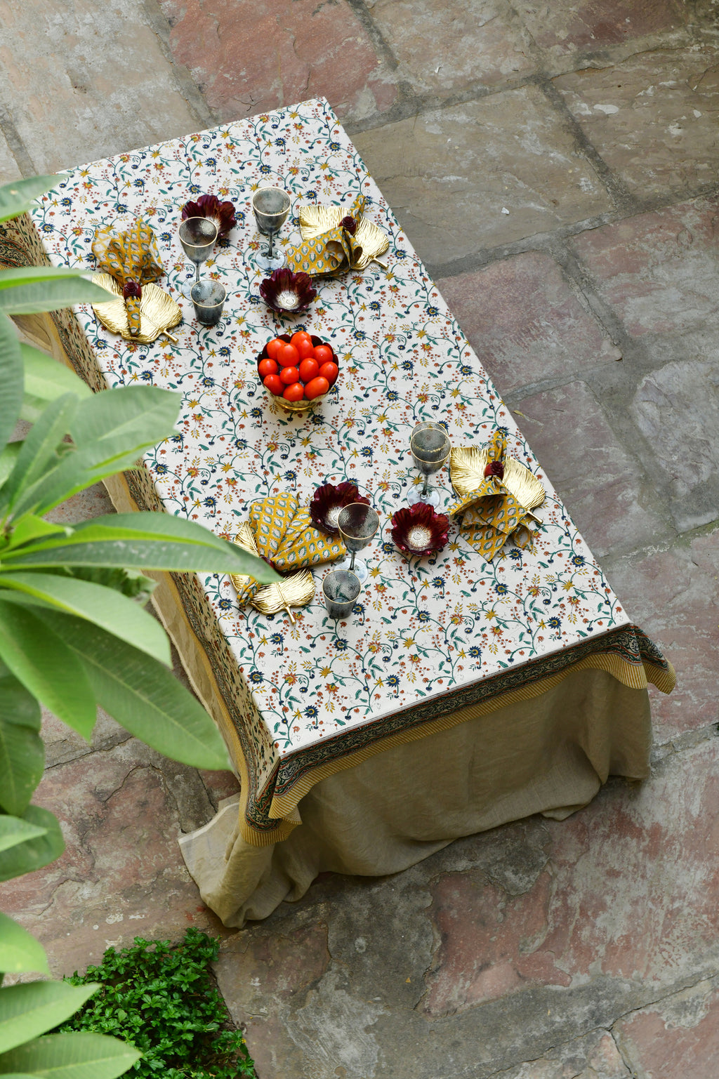 Tablecloth with Samode in Ochre, Blue & Green