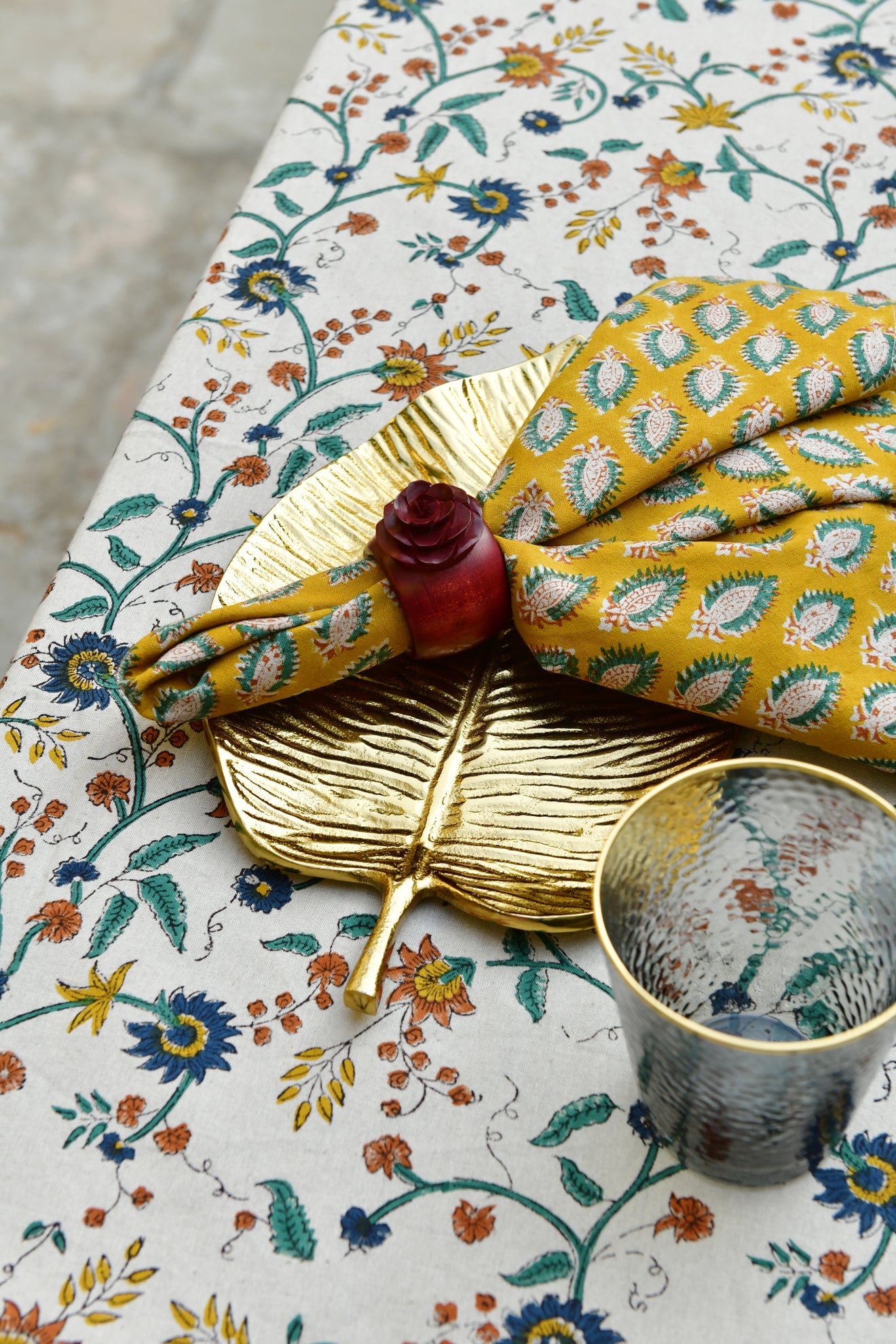 Tablecloth with Samode in Ochre, Blue & Green