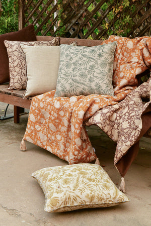 Linen cushion with Parrot Open in Ochre