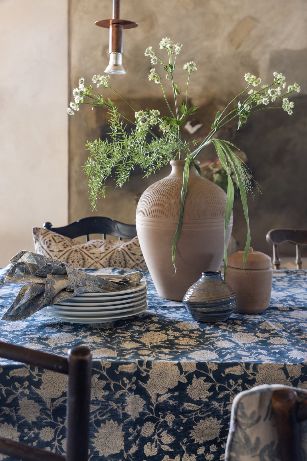 Linen Tablecloth with Indian Rose print in Denim Blue
