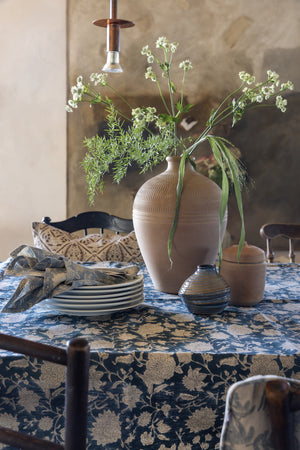 Linen Tablecloth with Indian Rose print in Denim Blue
