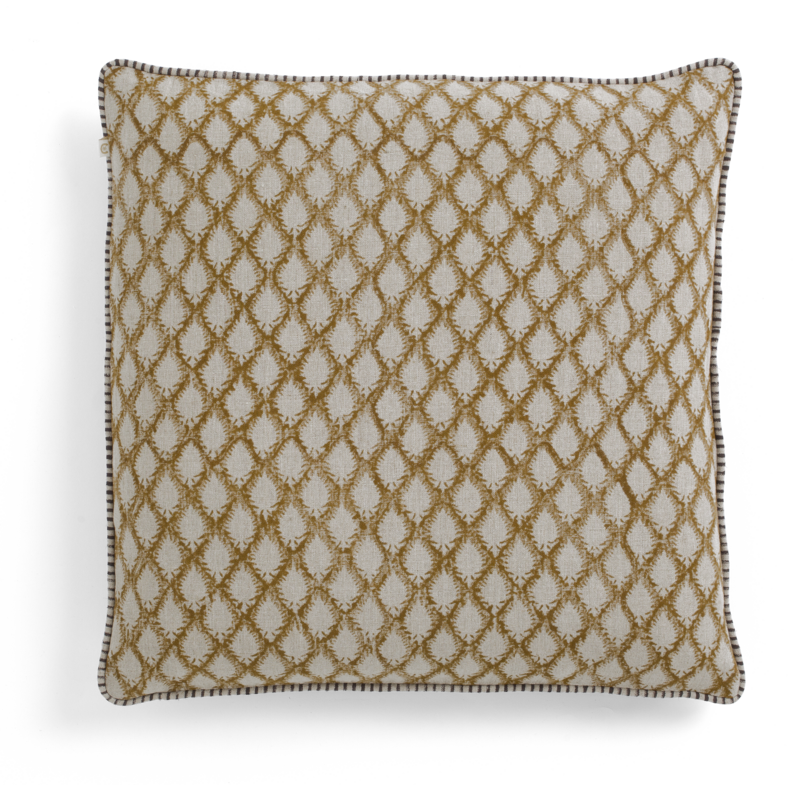 Linen cushion with Cypress print in Ochre