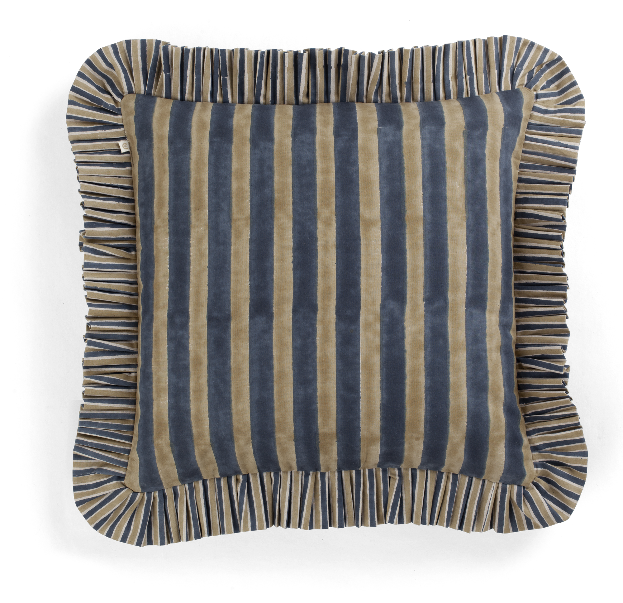 Ruffle cushion with Jaipur Stripe print in Beige & Blue