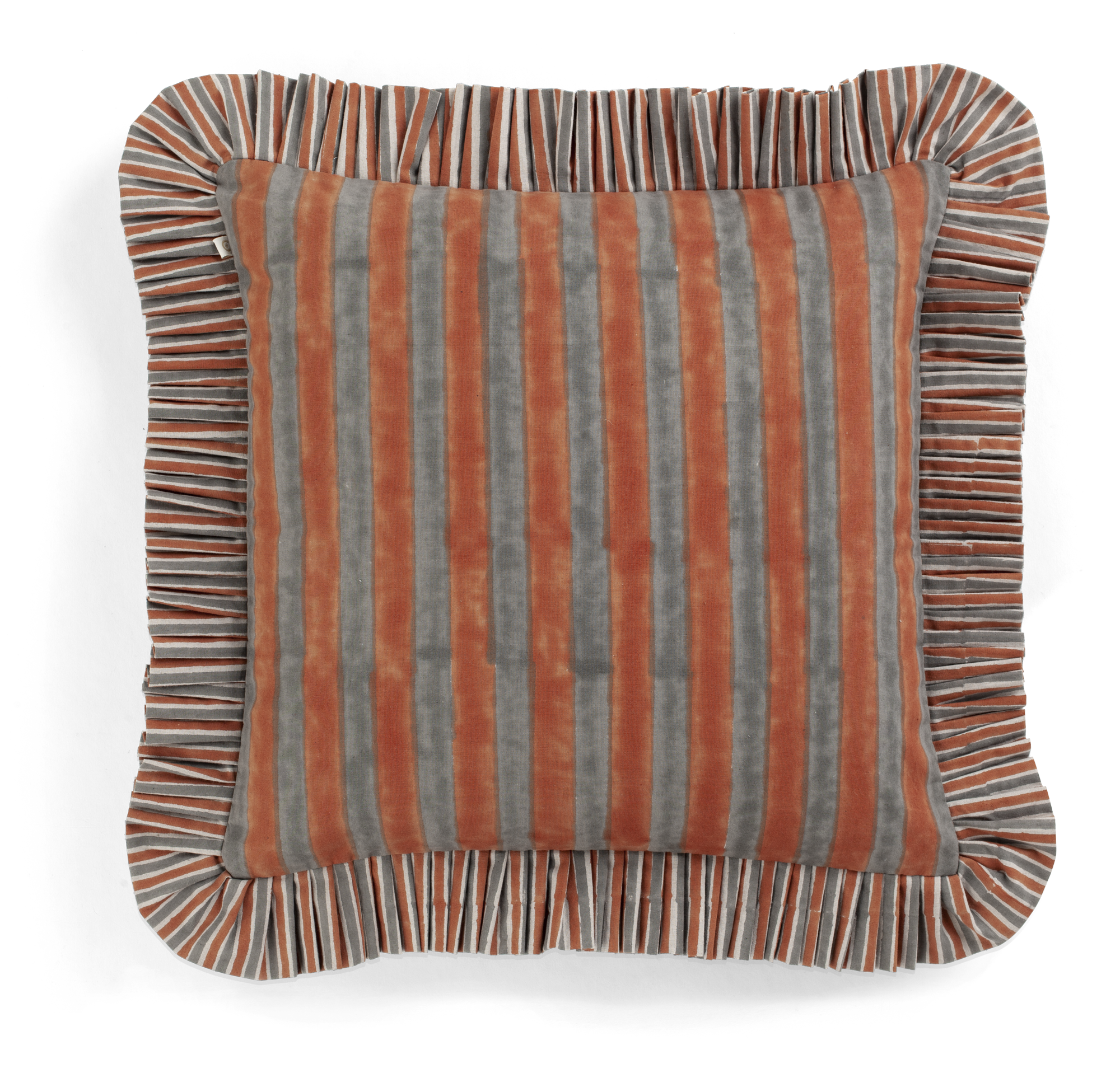 Ruffle cushion with Jaipur Stripe in Rusty Red & Grey