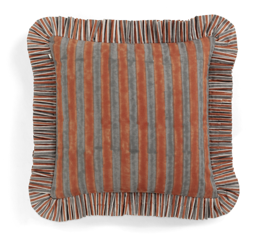 Ruffle cushion with Jaipur Stripe in Rusty Red & Grey