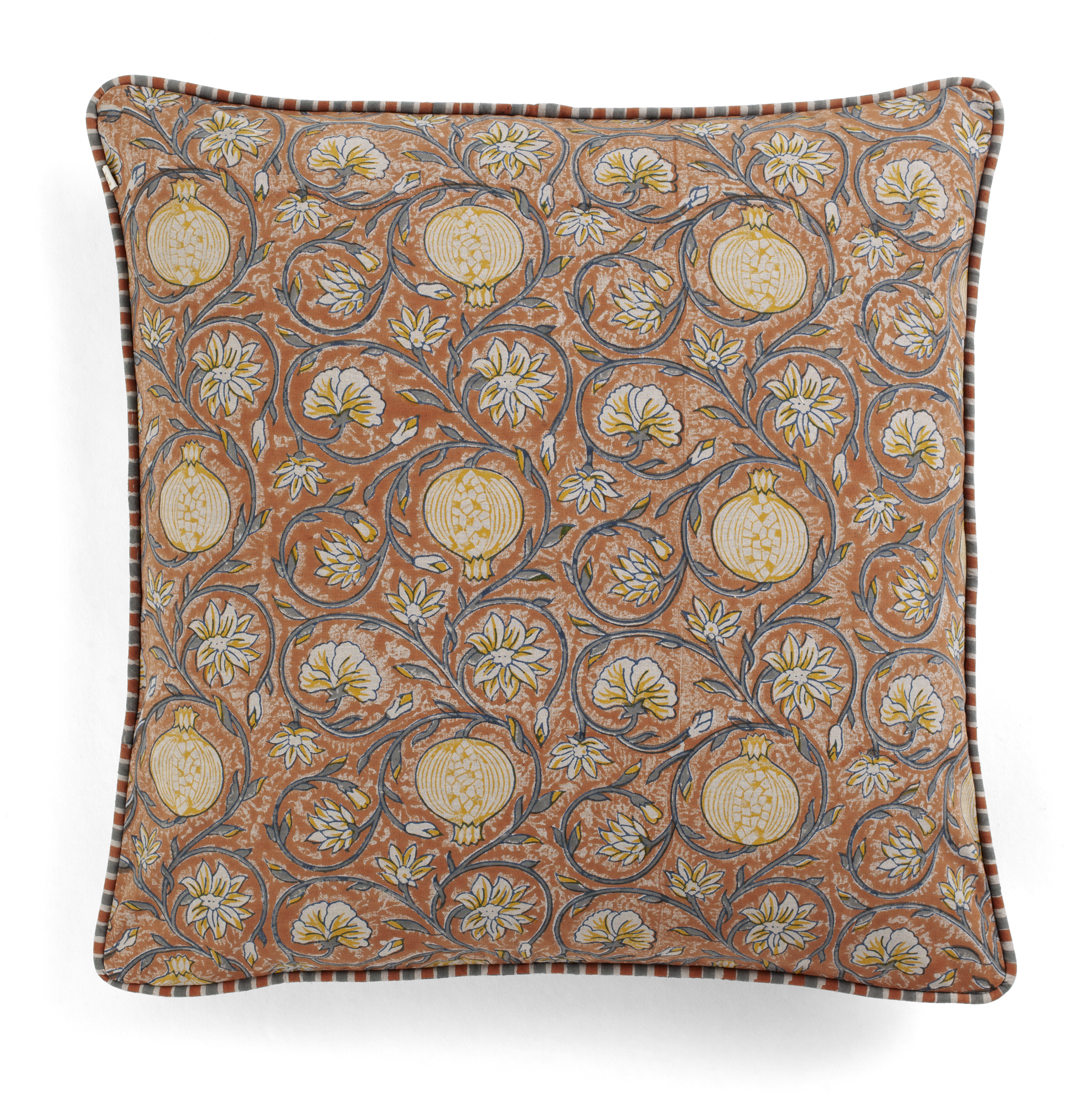 Cushion with Tangier Pomegranate print in Rusty Red & Grey