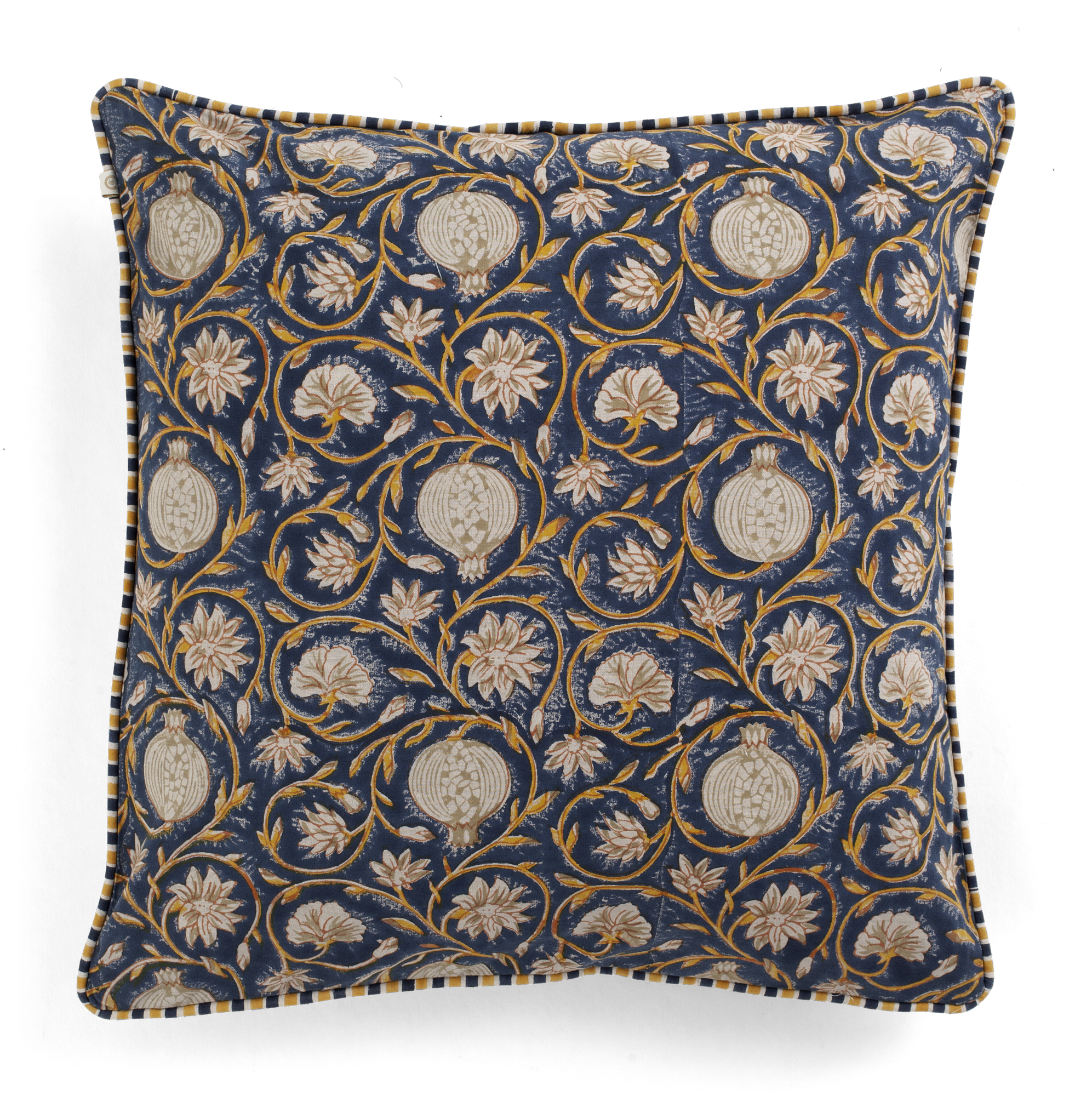 Cushion with Tangier Pomegranate print in Dark Blue & Ochre