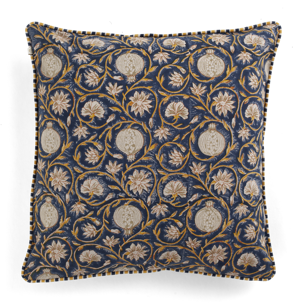 Cushion with Tangier Pomegranate print in Dark Blue & Ochre