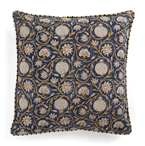 Cushion with Tangier Pomegranate print in Dark Blue & Ochre