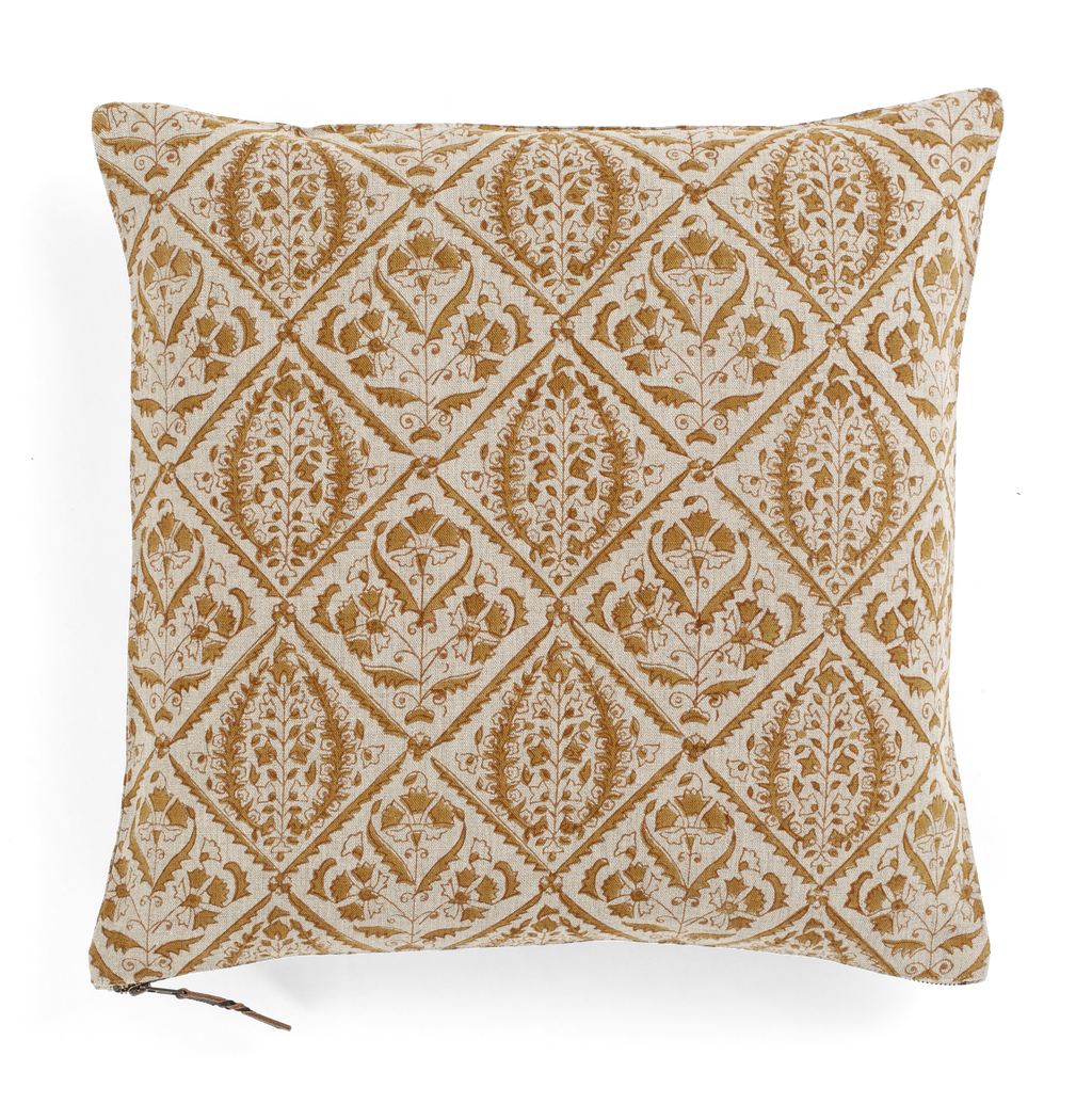 Linen cushion with Jaipur print in Ochre