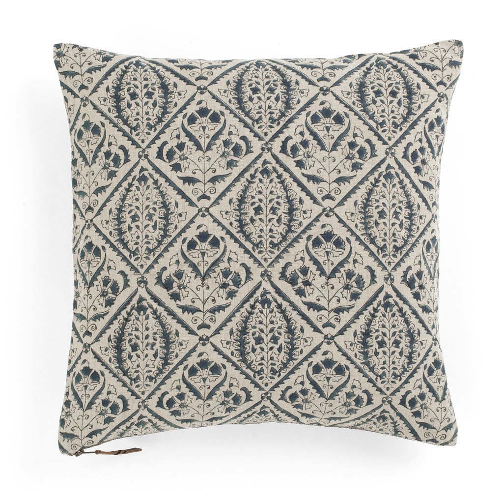 Linen cushion with Jaipur print in Denim Blue