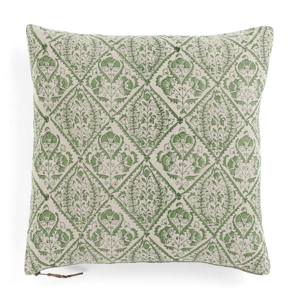 Linen cushion with Jaipur print in Green