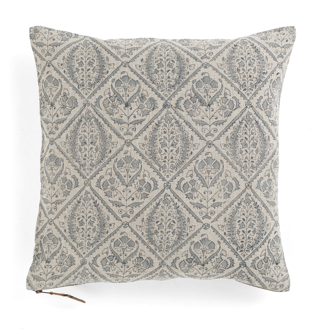 Linen cushion with Jaipur print in Dusty Blue