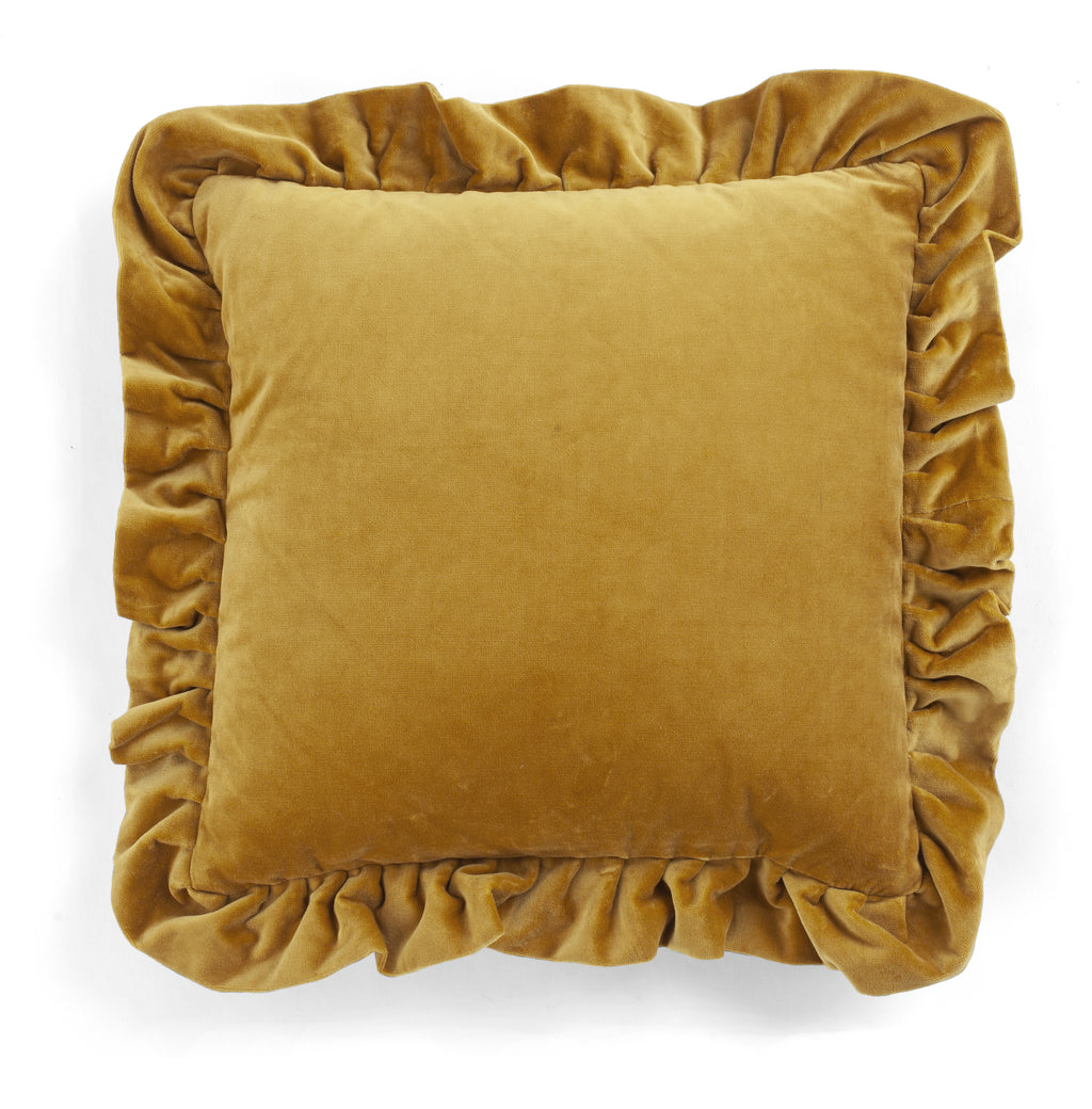 Velvet Cushion with ruffle in Ochre