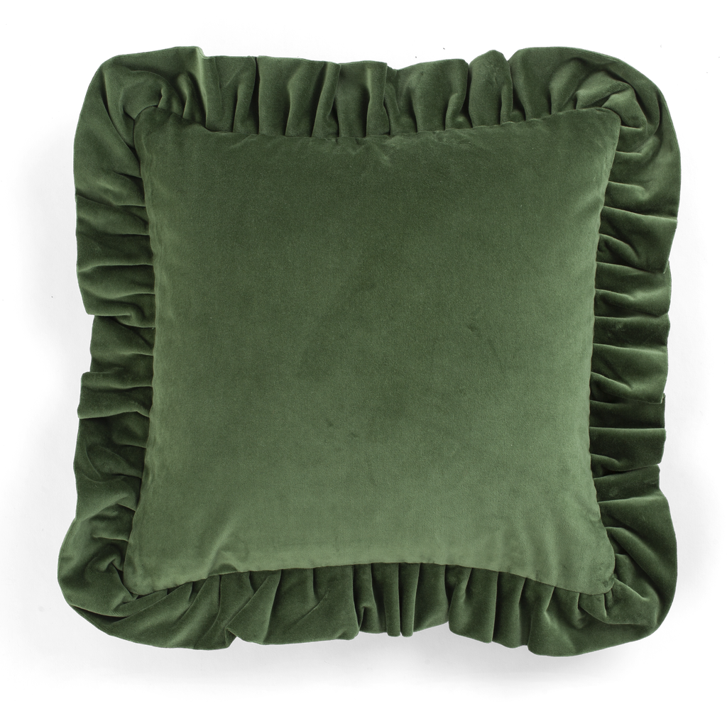 Velvet Cushion with ruffle in Green