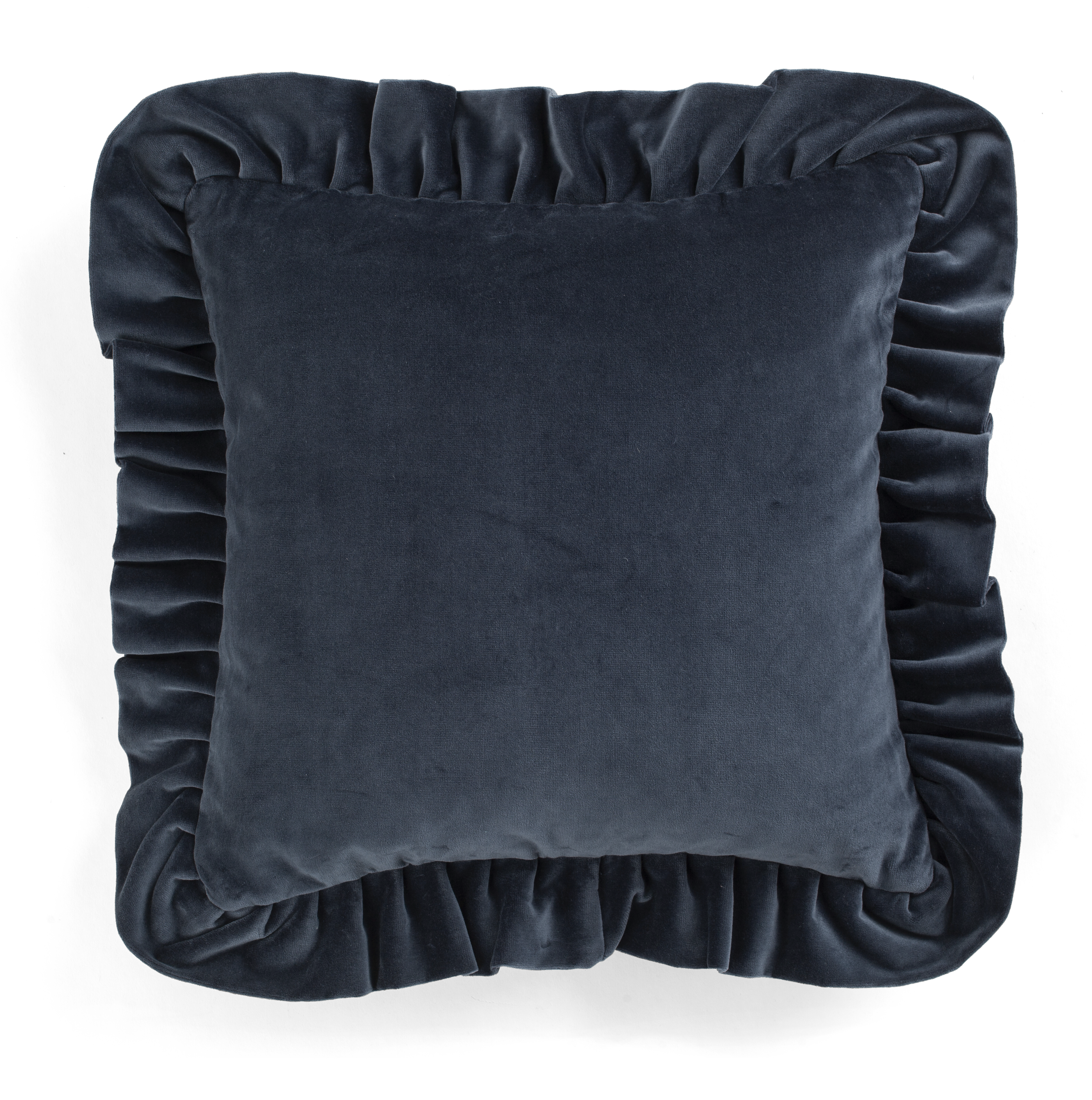 Velvet Cushion with ruffle in Denim Blue