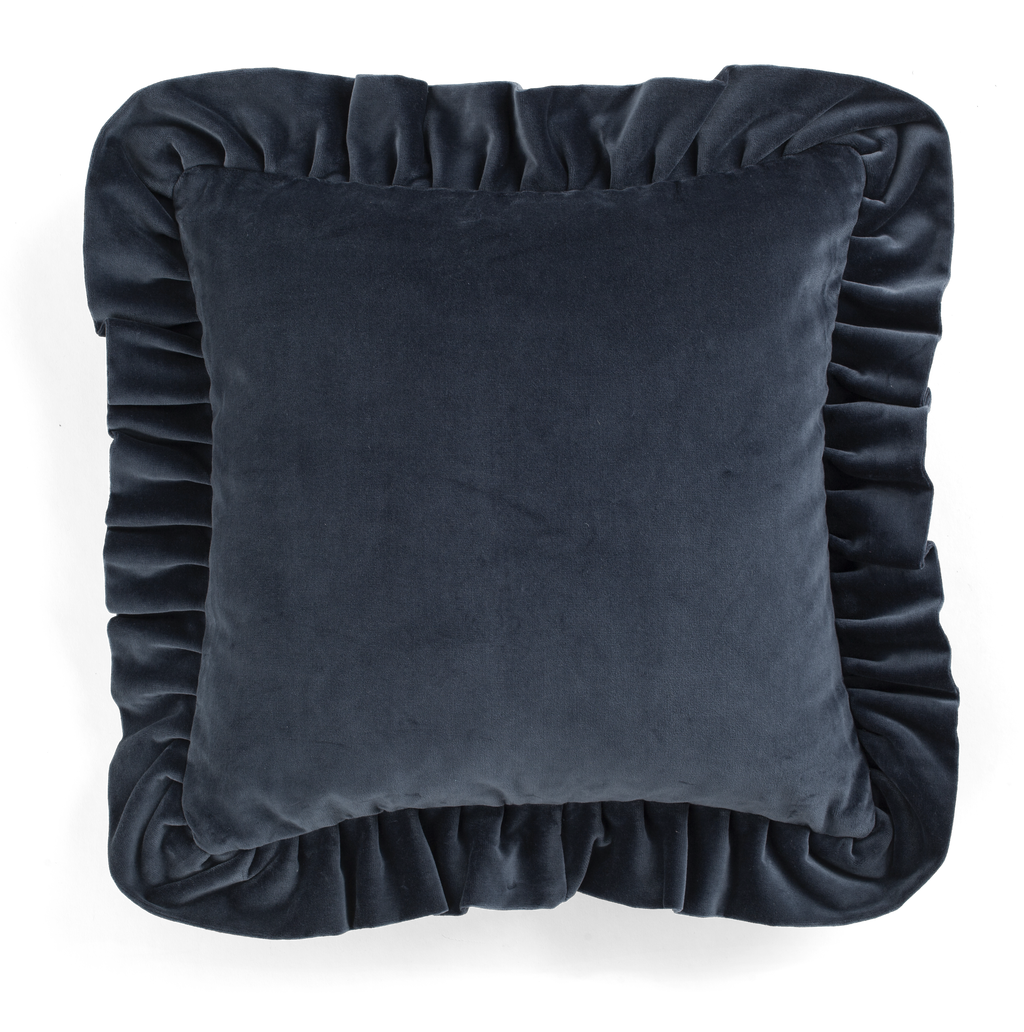 Velvet Cushion with ruffle in Denim Blue