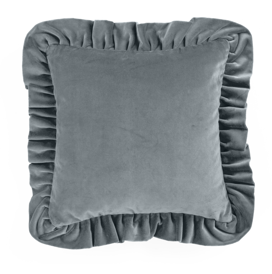 Velvet Cushion with ruffle in Dusty Blue