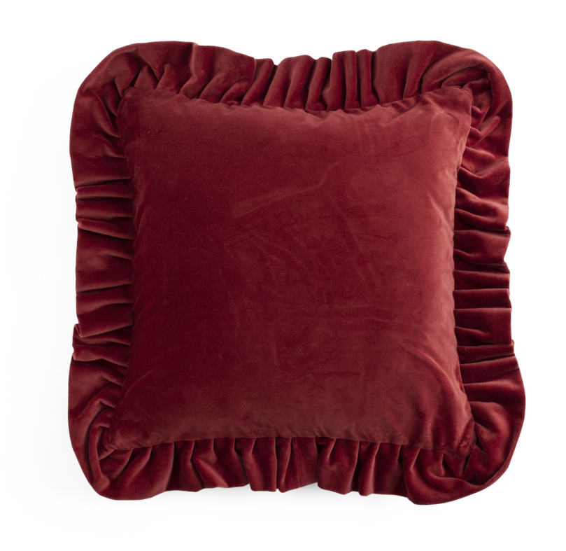 Velvet Cushion with ruffle in Red