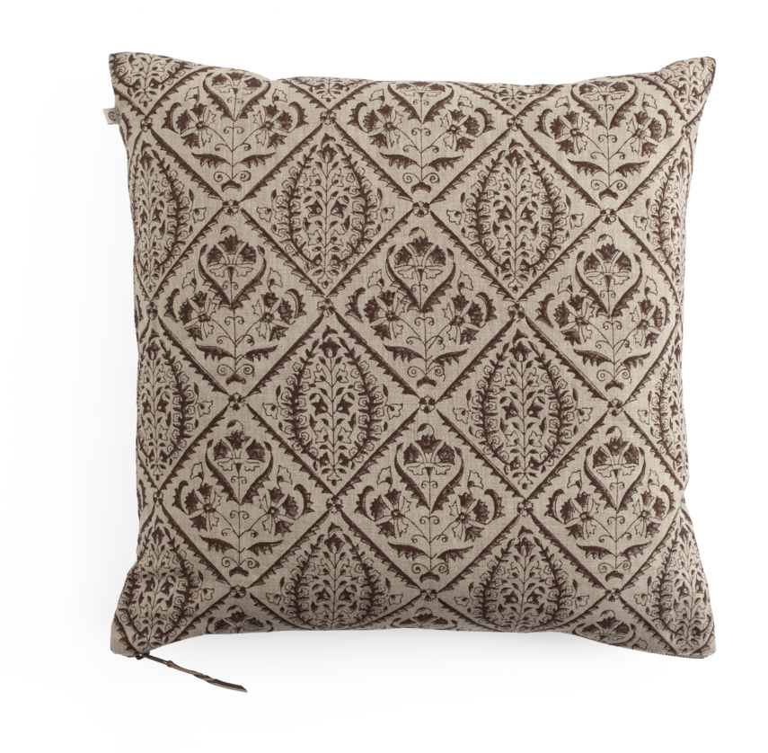 Linen cushion with Jaipur print in Brown