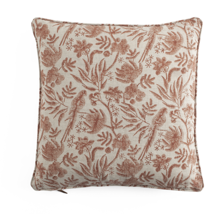 Linen cushion with Parrot Open in Rust