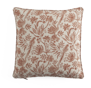 Linen cushion with Parrot Open in Rust
