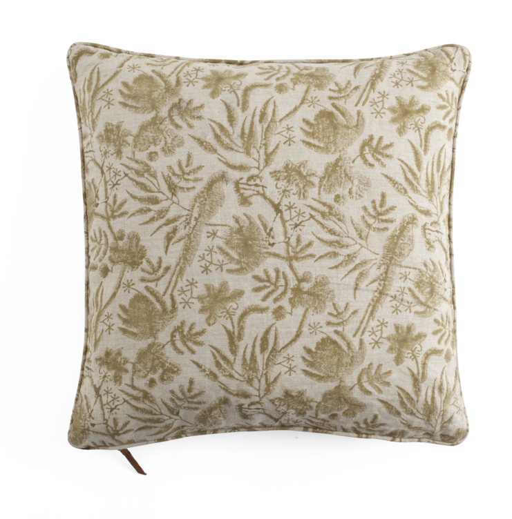 Linen cushion with Parrot Open in Ochre