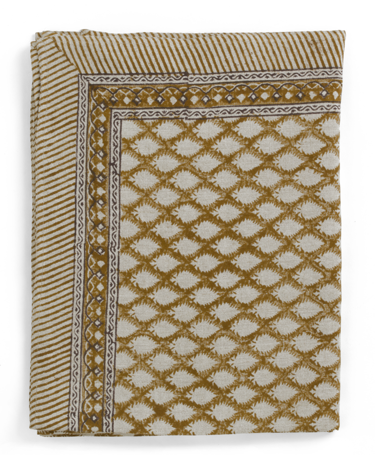 Linen tablecloth with Cypress print in Ochre