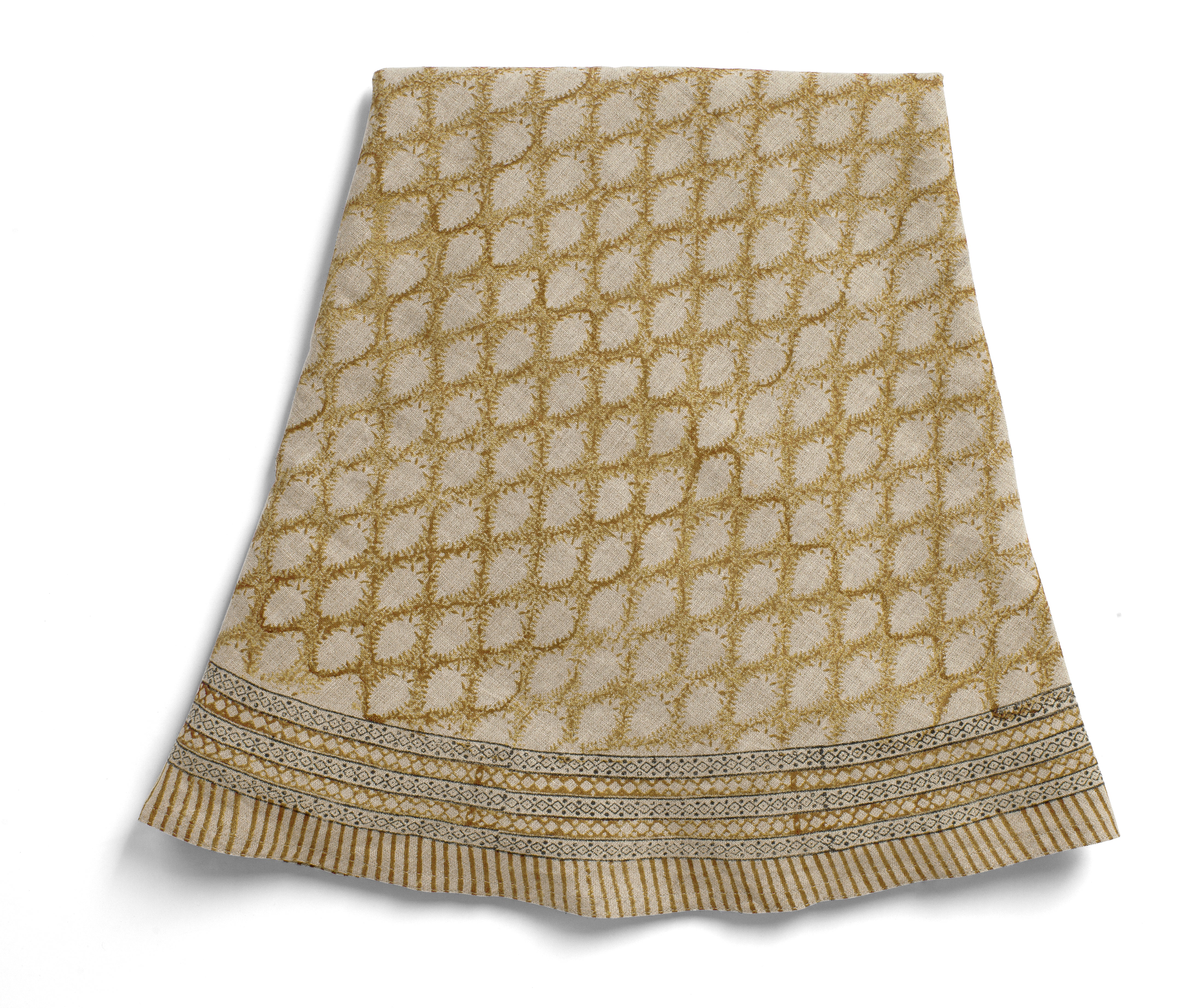 Round linen tablecloth with Cypress print in Ochre
