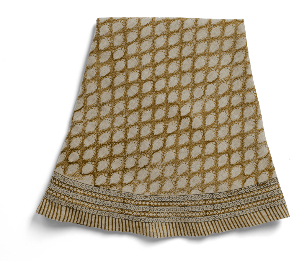 Round linen tablecloth with Cypress print in Ochre