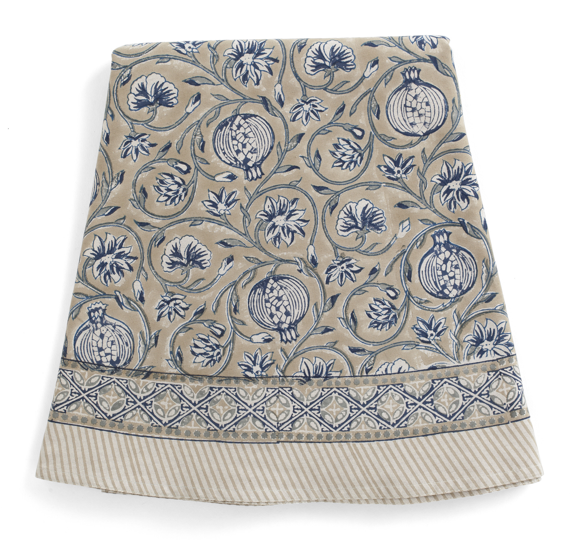 Round tablecloth with Tangier Pomegranate print in Beige & Blue