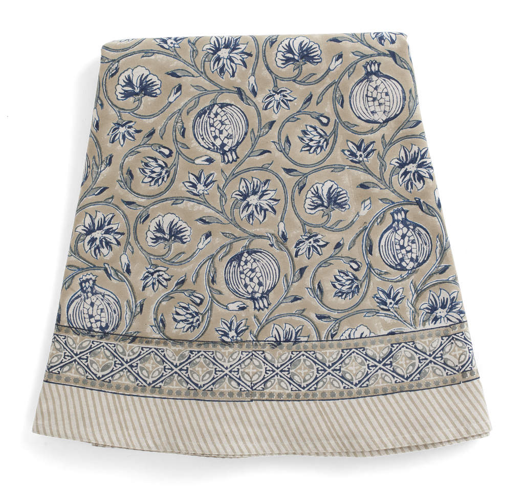 Round tablecloth with Tangier Pomegranate print in Beige & Blue