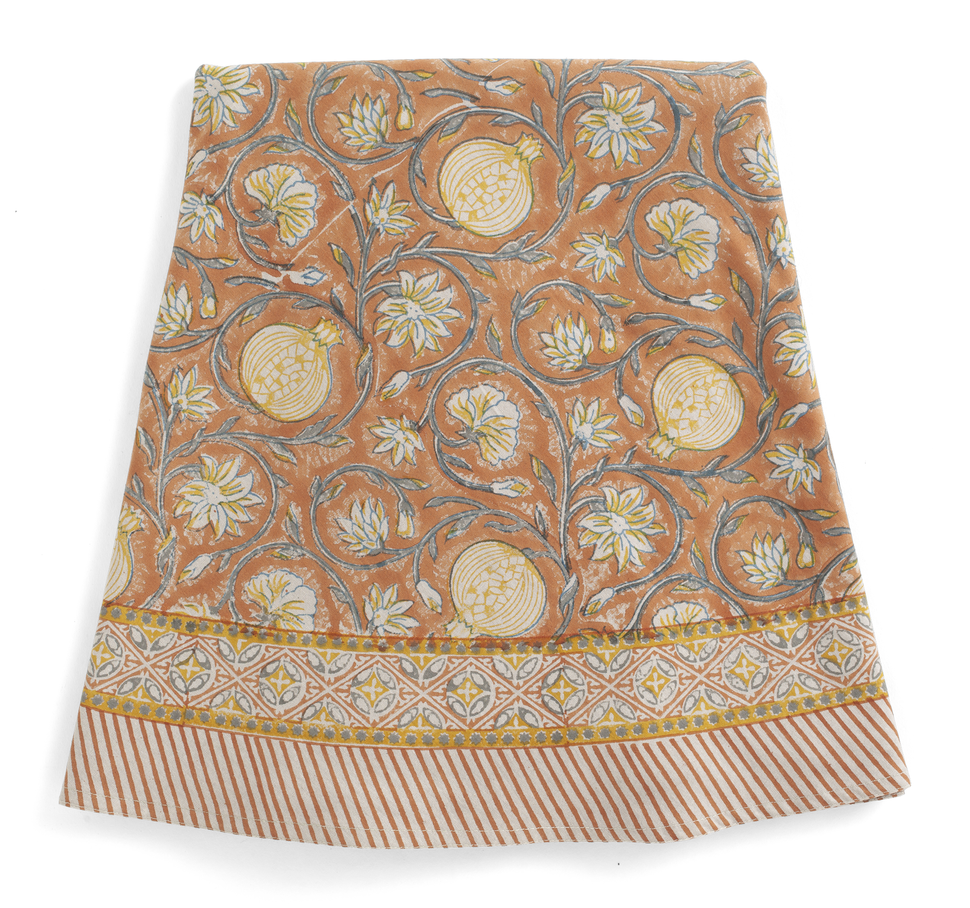 Round tablecloth with Tangier Pomegranate print in Rusty Red & Grey