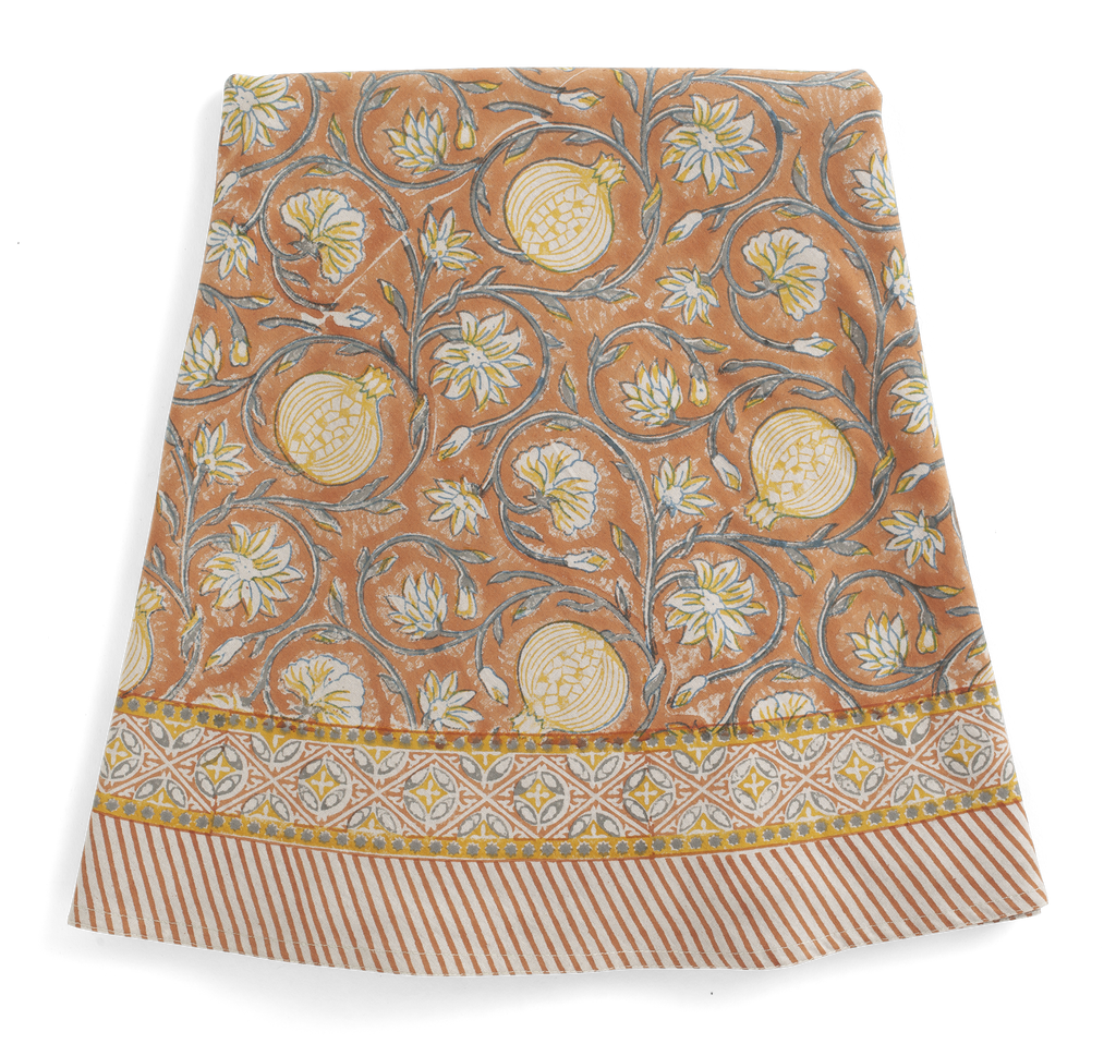 Round tablecloth with Tangier Pomegranate print in Rusty Red & Grey