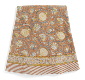 Round tablecloth with Tangier Pomegranate print in Rusty Red & Grey