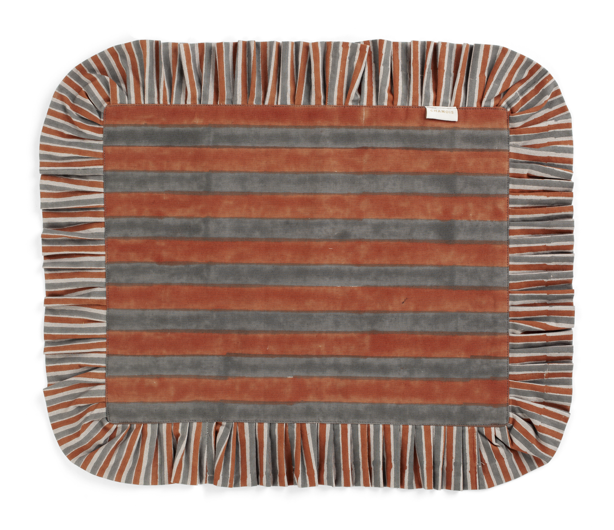 Ruffle placemats with Jaipur Stripe print in Rusty Red & Grey