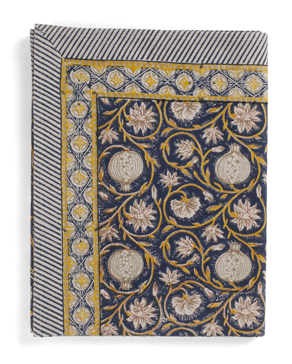 Tangier Pomegranate tablecloth in Dark Blue & Ochre