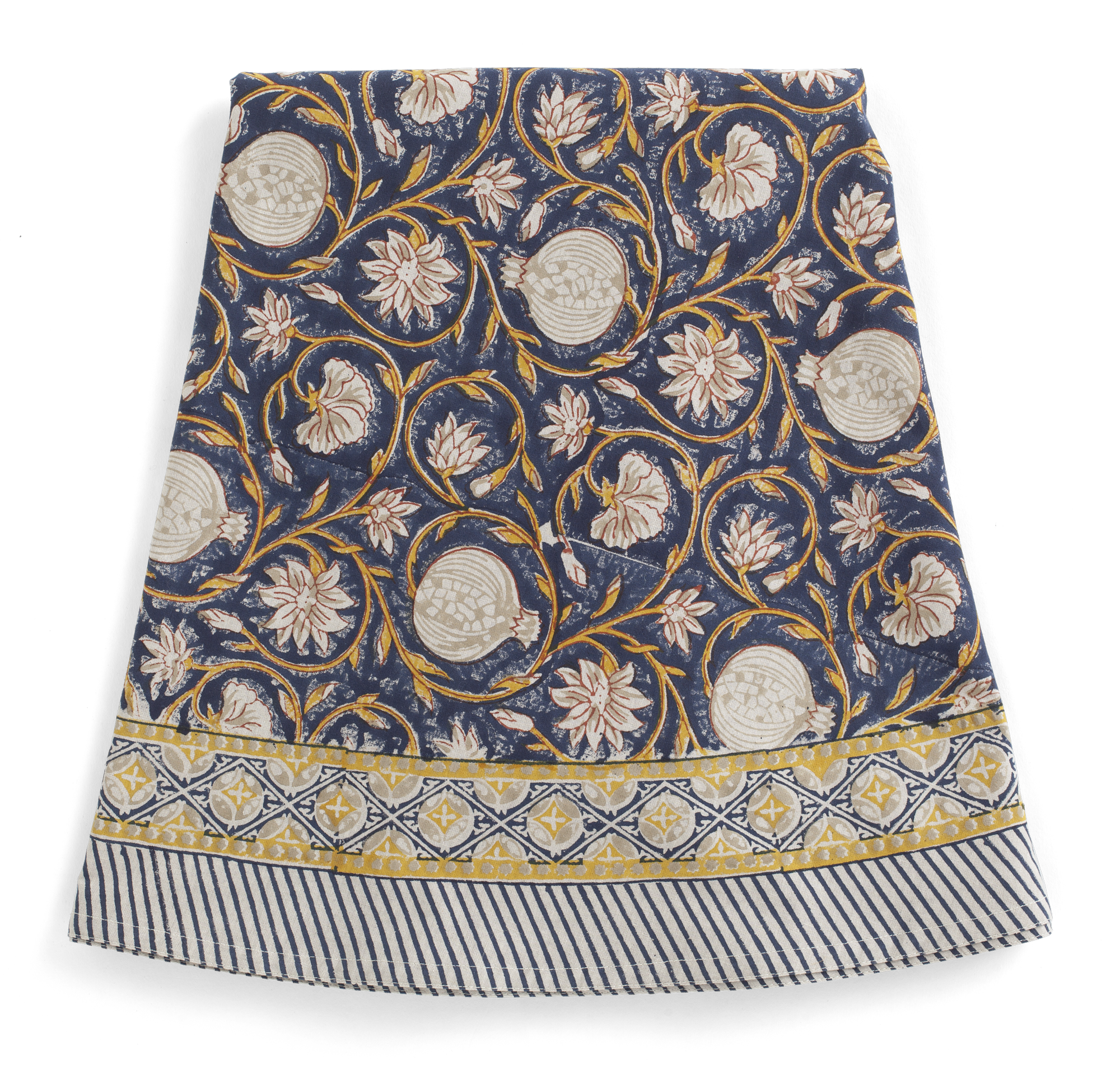 Round tablecloth with Tangier Pomegranate print in Dark Blue & Ochre