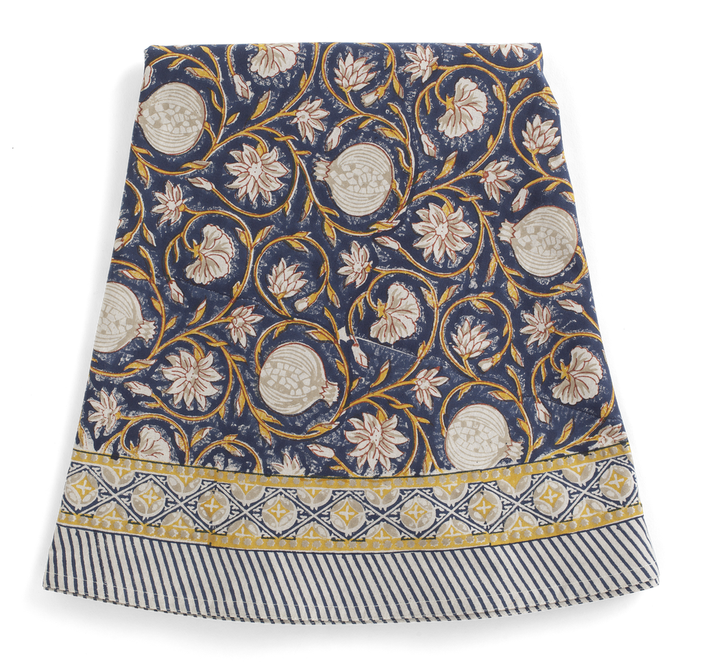 Round tablecloth with Tangier Pomegranate print in Dark Blue & Ochre