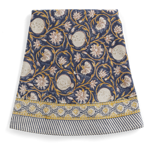 Round tablecloth with Tangier Pomegranate print in Dark Blue & Ochre