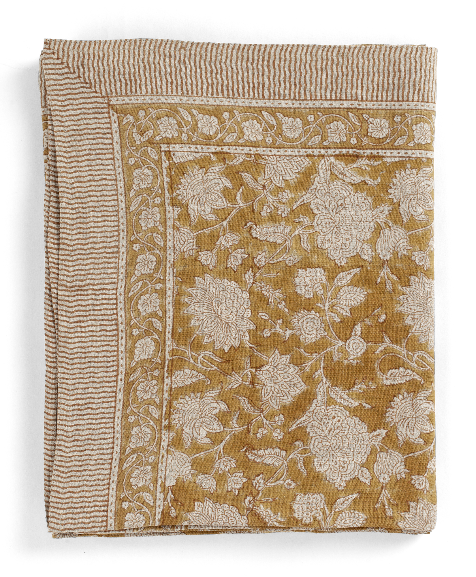 Linen Tablecloth with Indian Rose print in Ochre