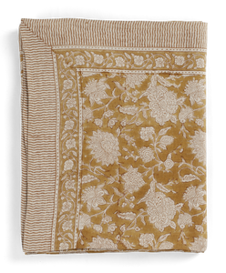 Linen Tablecloth with Indian Rose print in Ochre